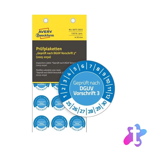 Etikett címke o20mm időjárásálló öntapadó plakett 2025-2030 15 címke/lap 8 ív/csomag Avery kék