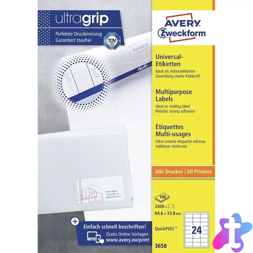 Etikett címke, 64,6 x33,8mm, univerzális, 24 címke/ív, 100 ív/doboz, Avery fehér