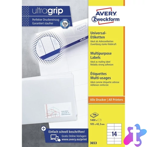 Etikett címke, 105 x42,3mm, univerzális, 14 címke/ív, 100 ív/doboz, Avery fehér