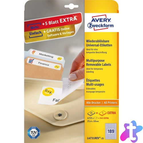 Etikett címke, 25,4 x10mm, univerzális visszaszedhető, 189 címke/ív, 25 ív/doboz, Avery fehér