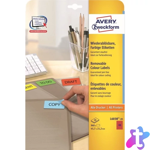 Etikett címke, 45,7 x21,2mm, univerzális visszaszedhető, 48 címke/ív, 20 ív/doboz, Avery piros