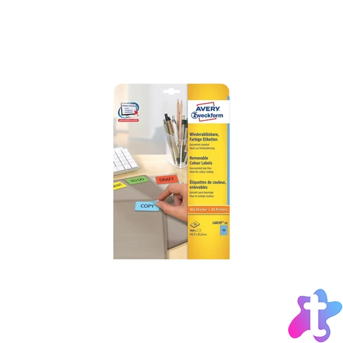 Etikett címke, 45,7 x21,2mm, univerzális visszaszedhető, 48 címke/ív, 20 ív/doboz, Avery kék