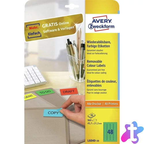 Etikett címke, 45,7 x21,2mm, univerzális visszaszedhető, 48 címke/ív, 20 ív/doboz, Avery zöld