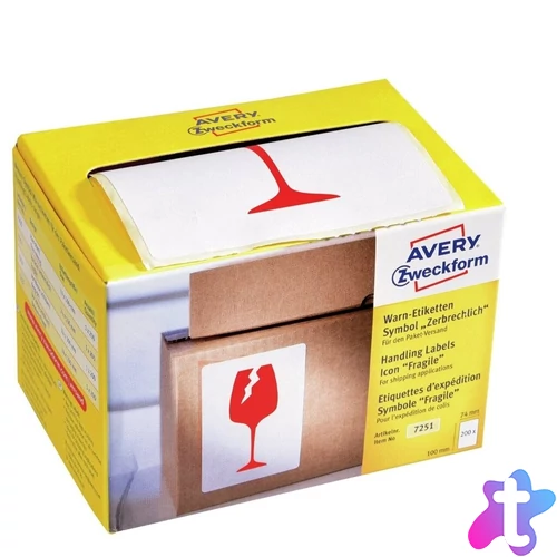 Etikett információs címke, 74x100mm, Törékeny, óvatosan kezelendő! 200címke/tek., Avery piros