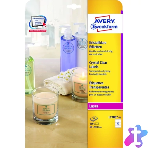 Etikett címke, 96 x50,8mm,víztiszta, 10 címke/ív, 25 ív/doboz, Avery átlátszó