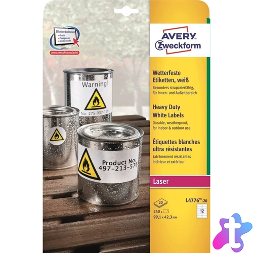 Etikett címke, 99,1 x42,3mm, időjárásálló poliészter, 12 címke/ív, 20 ív/doboz, Avery fehér