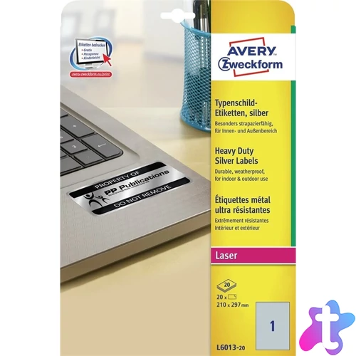 Etikett címke, 210 x297mm, ipari poliészter, 1 címke/ív, 20 ív/doboz, Avery ezüst