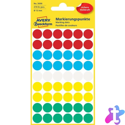 Etikett címke, o12mm, jelölésre, 5 klf. szín 54 címke/ív, 5 ív/doboz, Avery vegyes