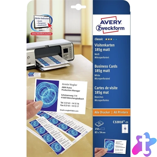 Névjegykártya, mikroperforált élekkel, kétoldalas 185g-os, 25 db, Avery matt fehér