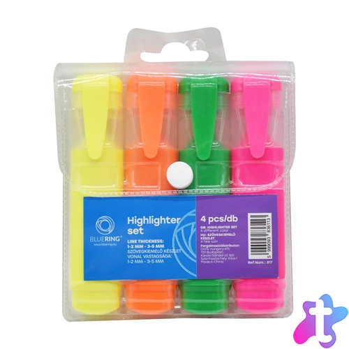 Szövegkiemelő lapos testű készlet, Bluering®, 4 klf. szín