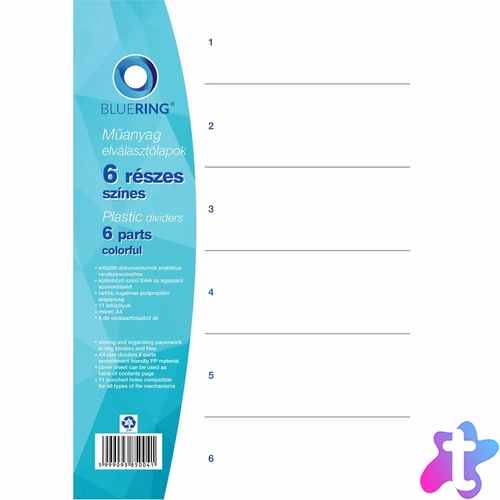 Elválasztólap, színes műanyag 6 részes Bluering®