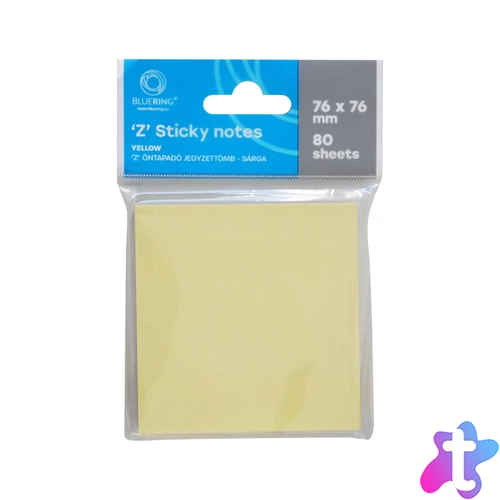 Jegyzettömb öntapadó, 76x76mm, 80lap, `Z` Bluering® , sárga