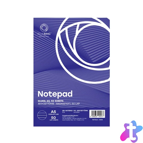 Jegyzettömb ragasztott, A5, 50lap, Bluering® vonalas