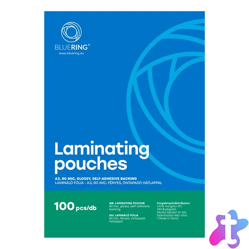 Lamináló fólia A3, 80 micron öntapadó hátlappal 100 db/doboz, Bluering®,