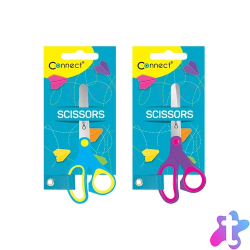 Olló 13cm, iskolai gumírozott fogóval, felakasztható csomagolásban Connect,