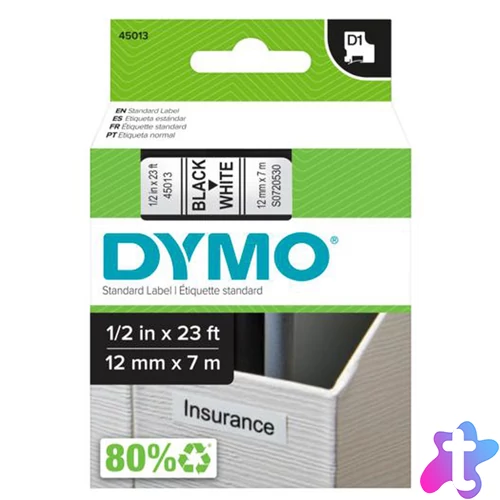 Feliratozógép szalag Dymo D1 S0720530/45013 12mmx7m ORIGINAL fekete/fehér