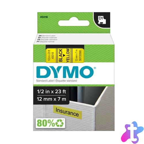 Feliratozógép szalag Dymo D1 S0720580/45018 12mmx7m ORIGINAL fekete/sárga