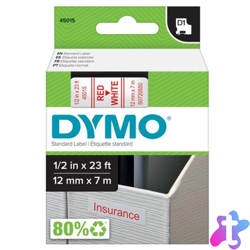 Feliratozógép szalag Dymo Letratag Dymo D1 S0720550/45015 12mmx7m, ORIGINAL, piros/fehér