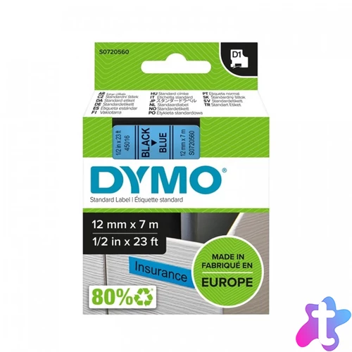 Feliratozógép szalag kompatibilis Dymo D1 S0720560/45016 12mmx7m fekete/kék ECO