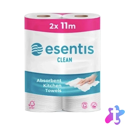 Háztartási papírtörlő kéztörlő 2 rétegű 50 lap/tekercs 2 tekercs/csomag Esentis clean fehér