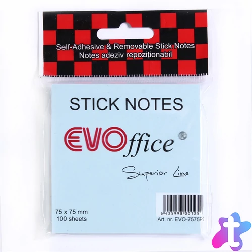 Jegyzettömb öntapadó, 75x75mm, 100lap Evoffice, pastell kék