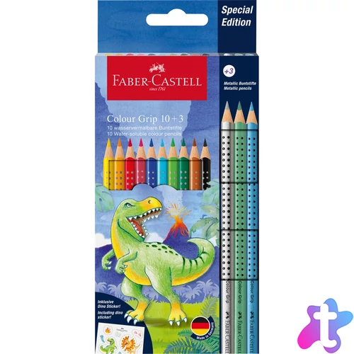Színes ceruza készlet háromszögletű GRIP DINOSZAURUSZ + matrica Faber-Castell 10+3klf. szín