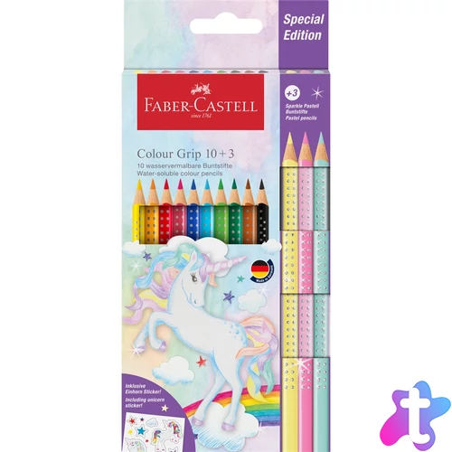 Színes ceruza készlet háromszögletű GRIP UNIKORNIS + matrica Faber-Castell 10+3klf. szín