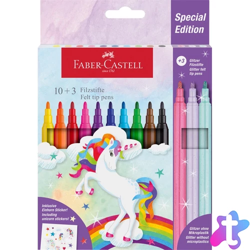 Rostirón, filctoll készlet, kastélyos UNIKORNIS + matrica Faber-Castell 10+3 klf. szín