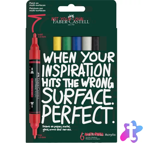 Akril marker készlet, kétvégű MULTIMARK alapszínek Faber-Castell fehér, sárga, eperpiros, zöld, kék, fekete 6klf. szín