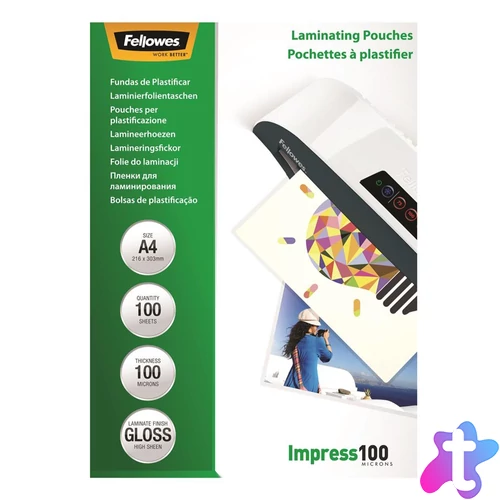 Lamináló fólia, A4, 100 mikron, fényes, 100 db/doboz, Fellowes®