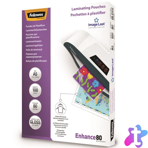 Lamináló fólia, A5, 80 mikron, fényes, 100 db/doboz, Fellowes®