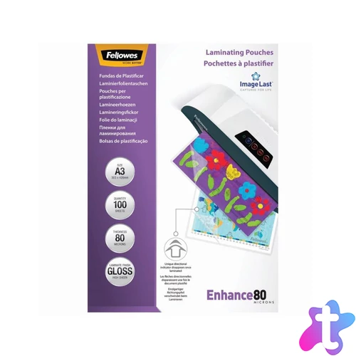 Lamináló fólia, A3, 80 mikron, fényes, 100 db/doboz, Fellowes®
