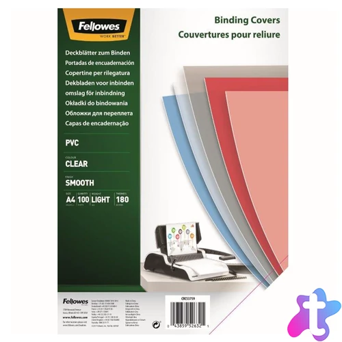 Előlap, A4, 180 mikron, 100 db/csomag, Fellowes® víztiszta