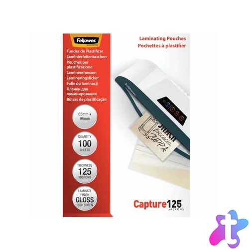 Lamináló fólia, 65x95mm, 125 mikron, fényes, 100 db/doboz, Fellowes®