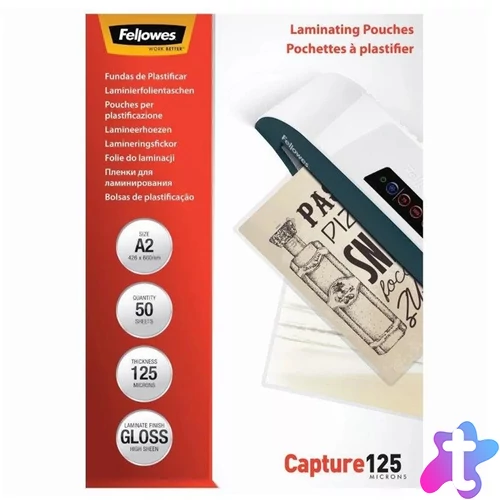Lamináló fólia, A2, 125 mikron, fényes, 50 db/doboz, Fellowes®
