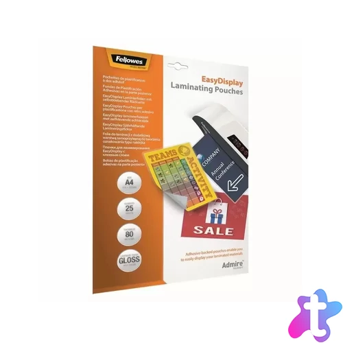 Lamináló fólia, A4, 80 mikron, fényes, öntapadó hátlappal, 25 db/csomag, Fellowes®