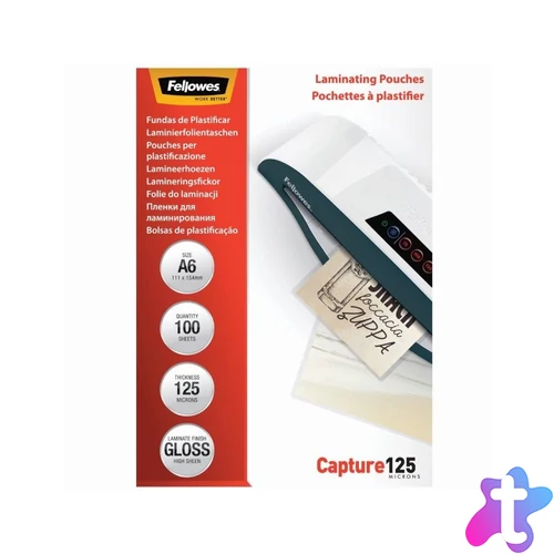 Lamináló fólia, A6, 125 mikron, fényes, 100 db/doboz, Fellowes®