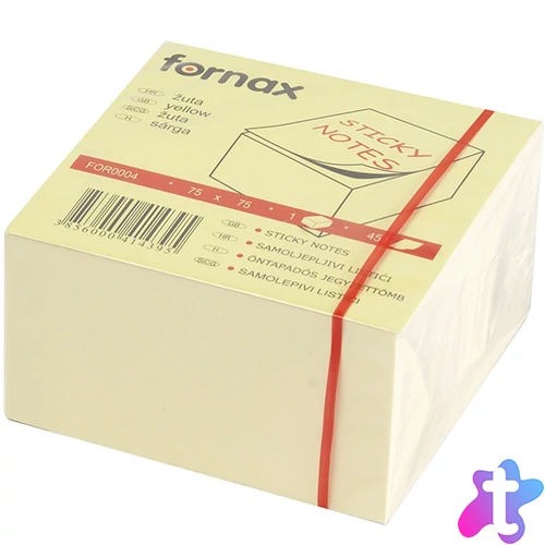 Jegyzettömb öntapadó, 75x75mm, 450lap, Fornax sárga