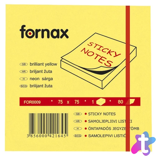 Jegyzettömb öntapadó, 75x75mm, 80lap, Fornax neon sárga