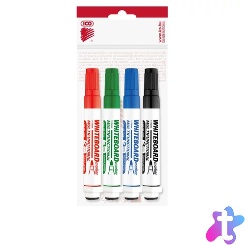Táblamarker készlet, 3mm, mágneses, táblatörlővel multifunkciós Ico MARKERASER, 4 klf.szín
