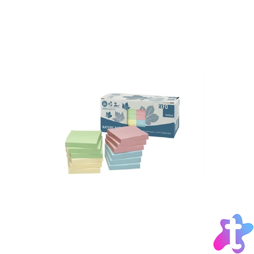 Jegyzettömb öntapadó, 75x75mm, 12x100lap, újrahasznosított Info Notes, sárga, zöld, kék, rózsaszín