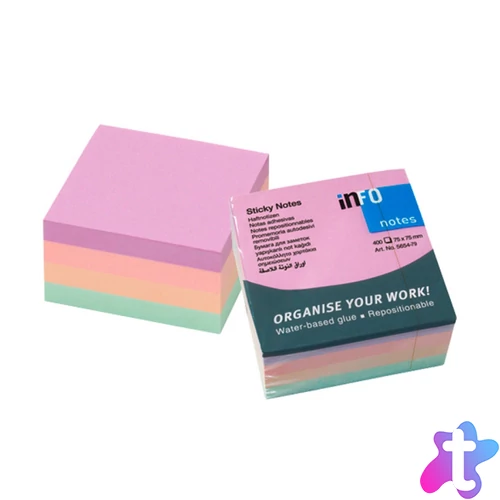 Jegyzettömb öntapadó, 75x75mm, 400lap, 4x100lap, Info Notes, harmony mix, lila, világos rózsaszín, világoszöld, barack