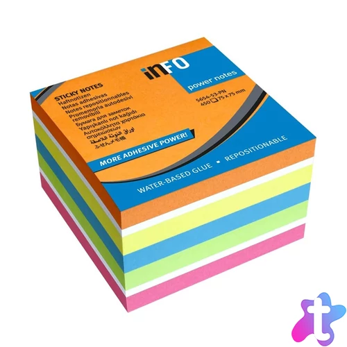 Jegyzettömb öntapadó, 75x75mm, 450lap, Info Notes intenzív narancs, sárga, kék, zöld, pink