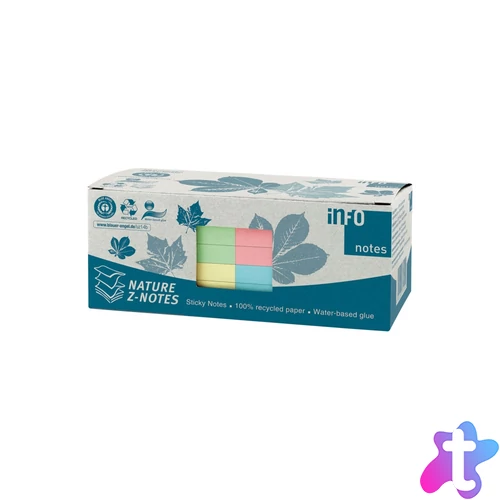 Jegyzettömb öntapadó, 75x75mm, 12x100lap, újrahasznosított 5644-88 Info Notes, pastell mix, kék, zöld, rózsaszín, sárga