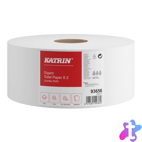 Toalettpapír 2 rétegű közületi átmérő: 18 cm 1304 lap/150 méter/tekercs 12 csomag/karton Jumbo Katrin_93656 fehér