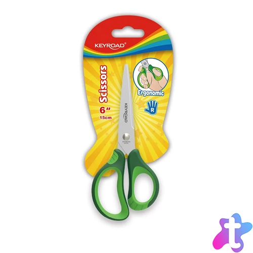 Olló, 15 cm, hegyes, 1 db/bliszter, Keyroad Soft Grip, vegyes színek