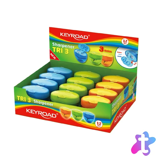 Hegyező 3 lyukú tartályos, fedeles 12 db/display Keyroad Tris vegyes színek