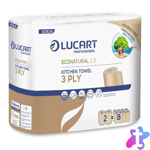 Papírtörlő konyhai 3 rétegű átmérő: 14,5 cm 200 lap/42 méter/tekercs 2 tekercs/csomag EcoNatural 2.3 Lucart_821639Jbarna