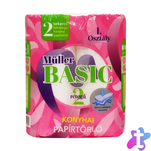 Háztartási papírtörlő kéztörlő 2 rétegű 40 lap/tekercs 2 tekercs/csomag Müller Basic hófehér