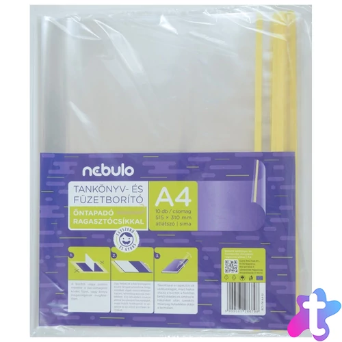 Tankönyvborító öntapadó, ragasztócsíkkal, A4 51,5x31cm, 10 ív/csomag, Nebulo, víztiszta